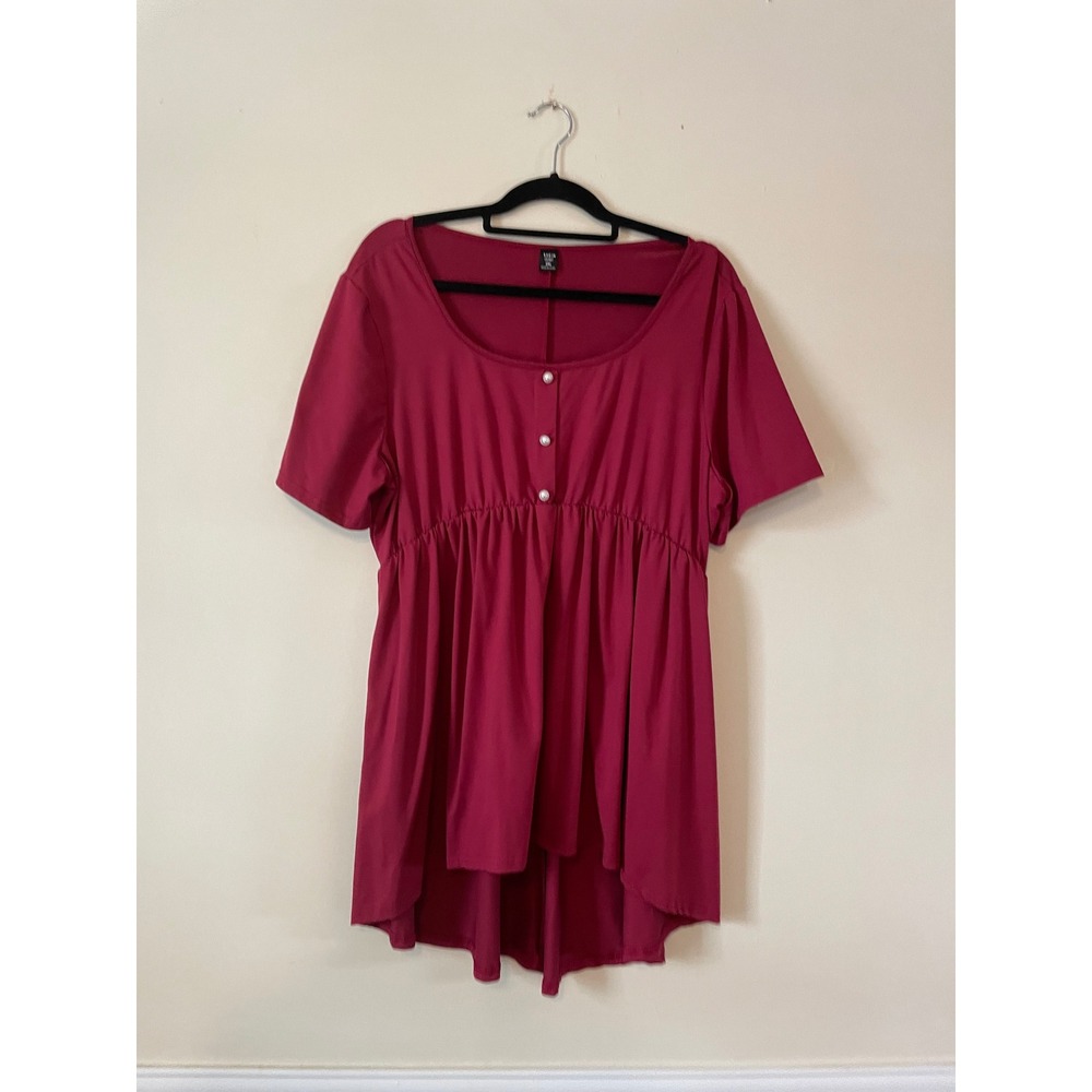 Shein Curve Womens 2XL Burgundy Babydoll Tunic Top Pearl Button High Low Peplum